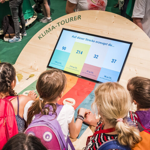 Mehrere Kinder stehen vor dem interaktiven Ausstellungsexponat "Klima-Tourer" und schauen auf ein Display, das die Emissionen unterschiedlicher Transportmittel auf Kurz- und Langstrecken verdeutlicht.