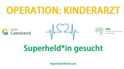 Grafik mit der Aufschrift "Operation Kinderarzt: Superheld*in gesucht"