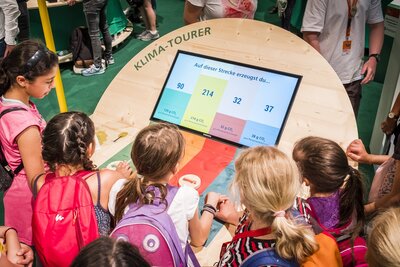 Mehrere Kinder stehen vor dem interaktiven Ausstellungsexponat "Klima-Tourer"